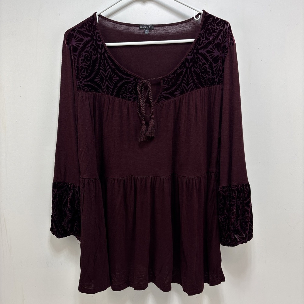 Womens Boho Peasant Burgundy  Velvet Burnout Babydoll Blouse Size XL Victorian